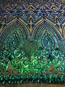 Shiny Pattern Sequins - Jade Blue / Green - 4 Way Stretch Multi Pattern Net Design Fabric