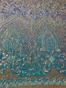 Shiny Pattern Sequins - Iridescent Aqua - 4 Way Stretch Multi Pattern Net Design Fashion Fabric