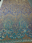 Shiny Pattern Sequins - Iridescent Aqua - 4 Way Stretch Multi Pattern Net Design Fashion Fabric