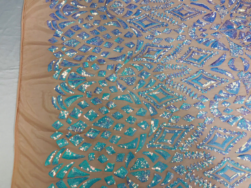 Shiny Pattern Sequins - Iridescent Aqua - 4 Way Stretch Multi Pattern Net Design Fashion Fabric