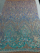 Shiny Pattern Sequins - Iridescent Aqua - 4 Way Stretch Multi Pattern Net Design Fashion Fabric