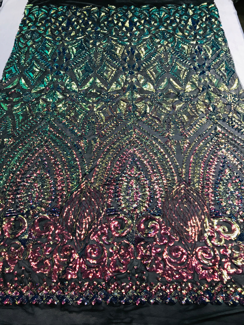 Shiny Pattern Sequins - Iridescent Rainbow - 4 Way Stretch Multi Pattern Net Design Fashion Fabric