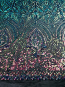 Shiny Pattern Sequins - Iridescent Rainbow - 4 Way Stretch Multi Pattern Net Design Fashion Fabric