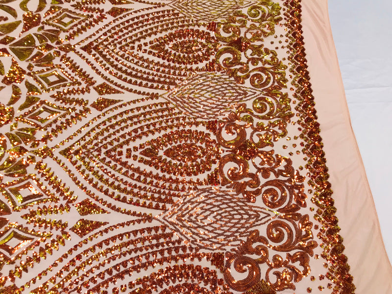 Shiny Pattern Sequins - Iridescent Orange / Nude Mesh 4 Way Stretch Multi Pattern Net Design Fabric