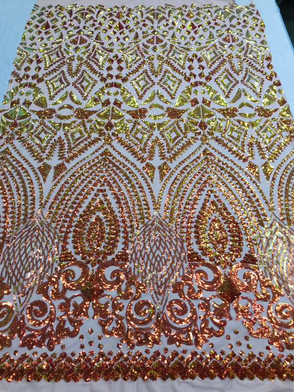 Shiny Pattern Sequins - Iridescent Orange / Nude Mesh 4 Way Stretch Multi Pattern Net Design Fabric