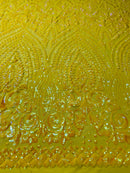 Shiny Pattern Sequins - Yellow - 4 Way Stretch Multi Pattern Net Design Fashion Fabric