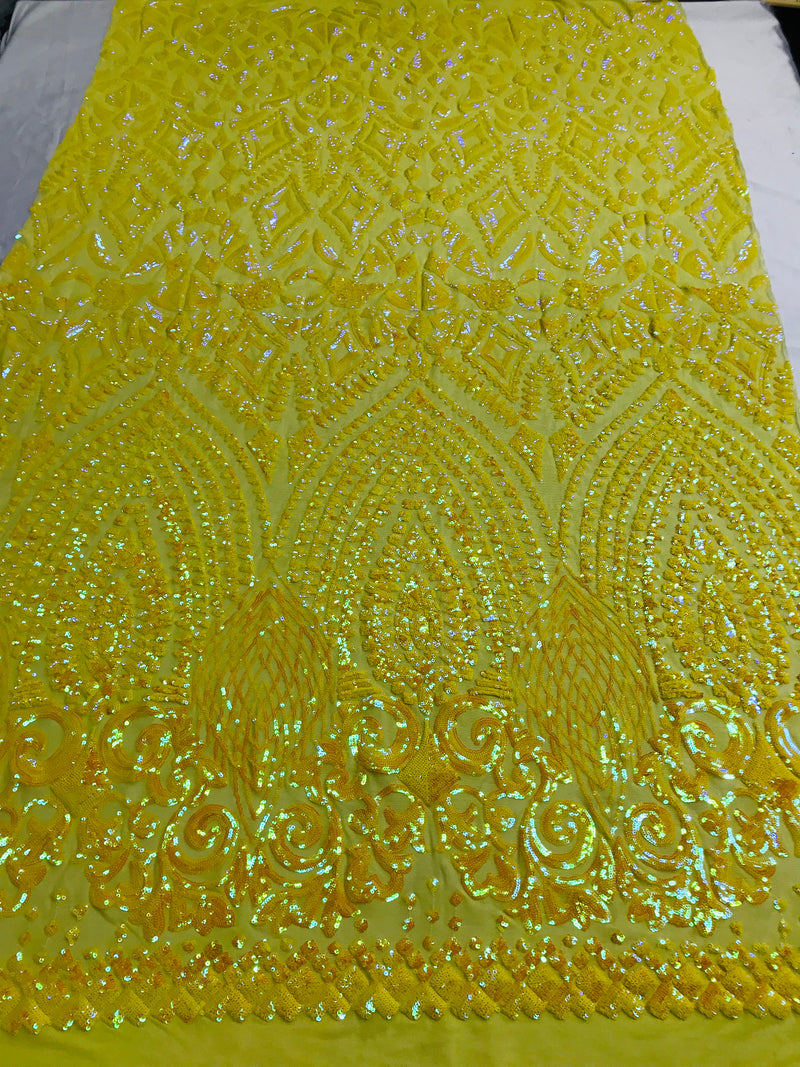 Shiny Pattern Sequins - Yellow - 4 Way Stretch Multi Pattern Net Design Fashion Fabric