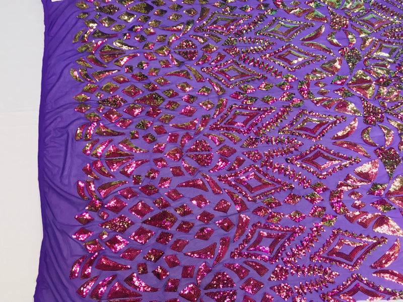 Shiny Pattern Sequins - Iridescent Purple / Gold Mesh 4 Way Stretch Multi Pattern Net Design Fabric