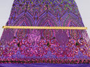 Shiny Pattern Sequins - Iridescent Purple / Gold Mesh 4 Way Stretch Multi Pattern Net Design Fabric