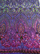 Shiny Pattern Sequins - Iridescent Purple / Gold Mesh 4 Way Stretch Multi Pattern Net Design Fabric