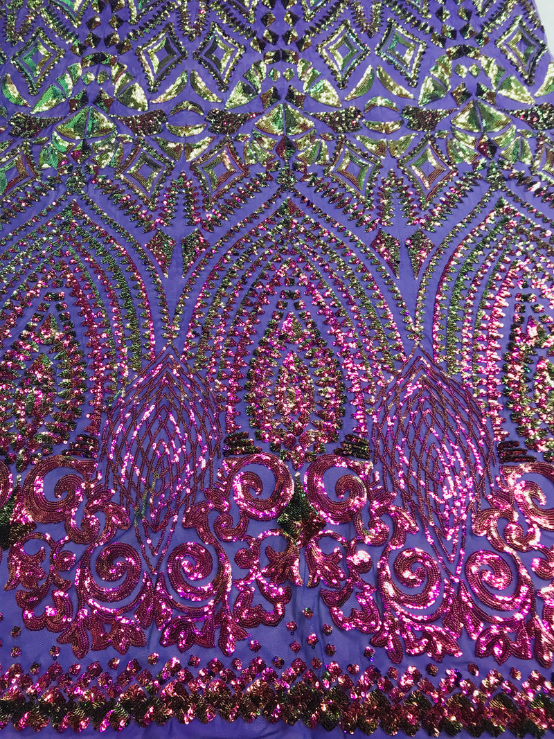 Shiny Pattern Sequins - Iridescent Purple / Gold Mesh 4 Way Stretch Mu