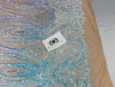 Wavy Line Sequins - Aqua - 4 Way Stretch Iridescent Pattern with Net Design Fashion Fabric