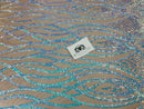 Wavy Line Sequins - Aqua - 4 Way Stretch Iridescent Pattern with Net Design Fashion Fabric