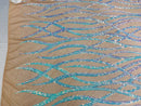 Wavy Line Sequins - Aqua - 4 Way Stretch Iridescent Pattern with Net Design Fashion Fabric