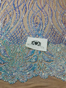 Wavy Line Sequins - Aqua - 4 Way Stretch Iridescent Pattern with Net Design Fashion Fabric