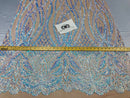 Wavy Line Sequins - Aqua - 4 Way Stretch Iridescent Pattern with Net Design Fashion Fabric