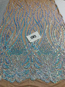 Wavy Line Sequins - Aqua - 4 Way Stretch Iridescent Pattern with Net Design Fashion Fabric