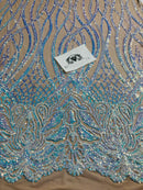 Wavy Line Sequins - Aqua - 4 Way Stretch Iridescent Pattern with Net Design Fashion Fabric