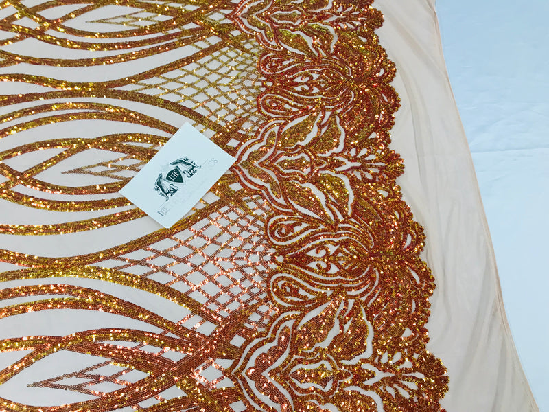 Wavy Line Sequins - Orange / Nude - 4 Way Stretch Iridescent Pattern with Net Design Fashion Fabric