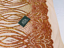 Wavy Line Sequins - Orange / Nude - 4 Way Stretch Iridescent Pattern with Net Design Fashion Fabric