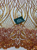 Wavy Line Sequins - Orange / Nude - 4 Way Stretch Iridescent Pattern with Net Design Fashion Fabric