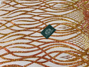Wavy Line Sequins - Orange / Nude - 4 Way Stretch Iridescent Pattern with Net Design Fashion Fabric