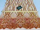 Wavy Line Sequins - Orange / Nude - 4 Way Stretch Iridescent Pattern with Net Design Fashion Fabric
