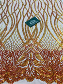 Wavy Line Sequins - Orange / Nude - 4 Way Stretch Iridescent Pattern with Net Design Fashion Fabric