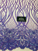 Wavy Line Sequins - Lilac - 4 Way Stretch Iridescent Pattern with Net Design Fashion Fabric