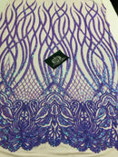 Wavy Line Sequins - Lilac - 4 Way Stretch Iridescent Pattern with Net Design Fashion Fabric