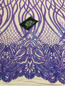 Wavy Line Sequins - Lilac - 4 Way Stretch Iridescent Pattern with Net Design Fashion Fabric