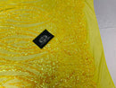 Wavy Line Sequins - Yellow - 4 Way Stretch Iridescent Pattern with Net Design Fashion Fabric