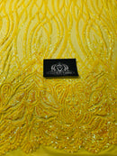 Wavy Line Sequins - Yellow - 4 Way Stretch Iridescent Pattern with Net Design Fashion Fabric