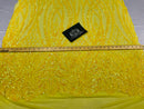 Wavy Line Sequins - Yellow - 4 Way Stretch Iridescent Pattern with Net Design Fashion Fabric