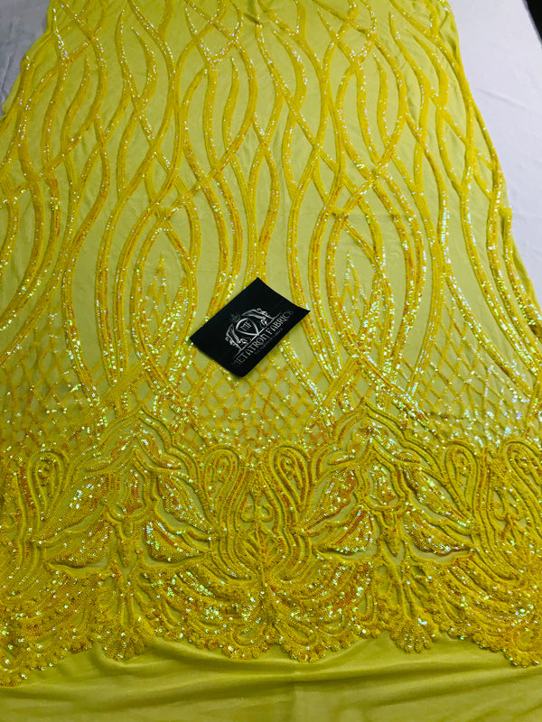 Wavy Line Sequins - Yellow - 4 Way Stretch Iridescent Pattern with Net Design Fashion Fabric