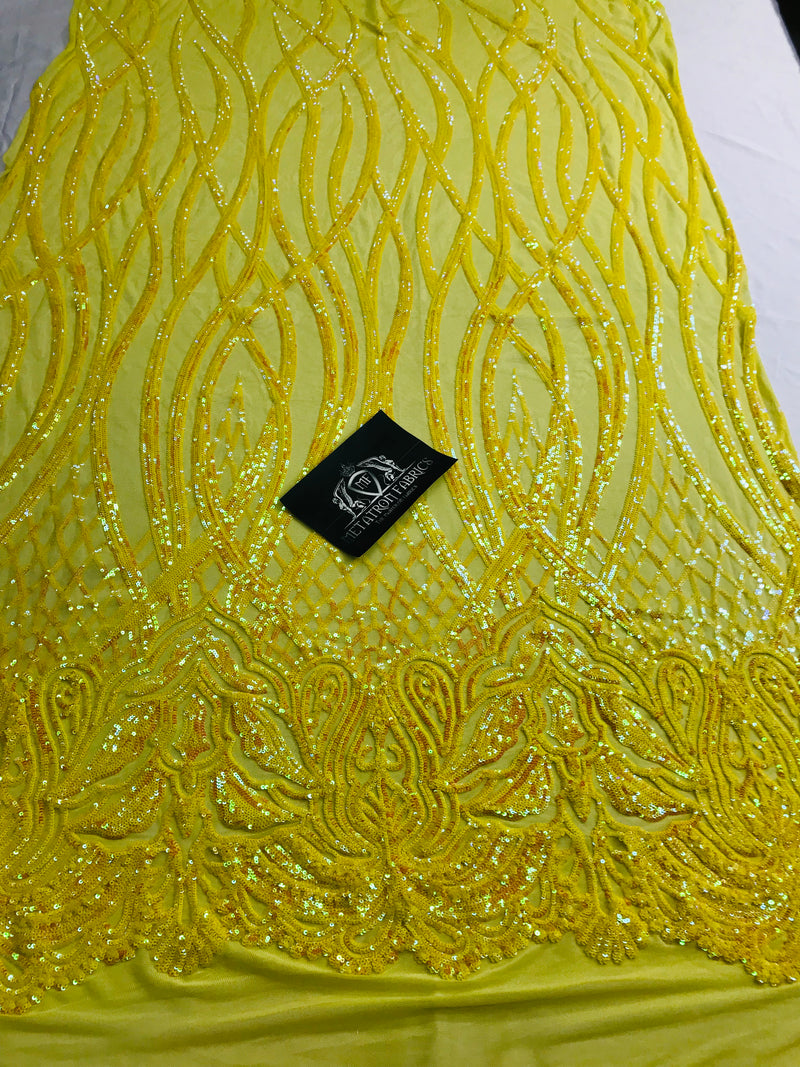 Wavy Line Sequins - Yellow - 4 Way Stretch Iridescent Pattern with Net Design Fashion Fabric