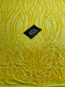 Wavy Line Sequins - Yellow - 4 Way Stretch Iridescent Pattern with Net Design Fashion Fabric