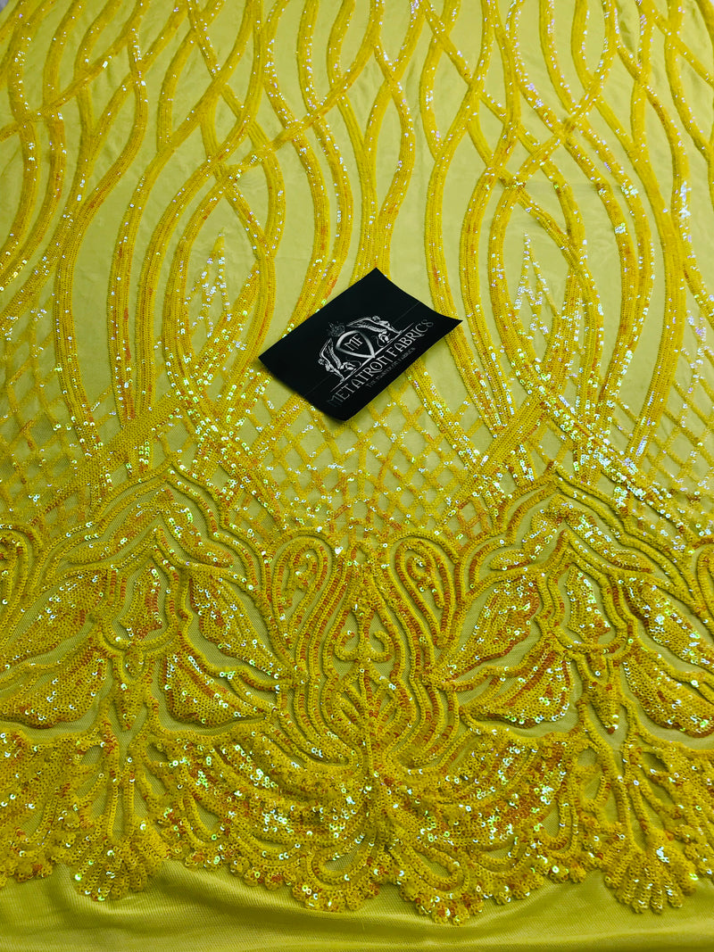 Wavy Line Sequins - Yellow - 4 Way Stretch Iridescent Pattern with Net Design Fashion Fabric