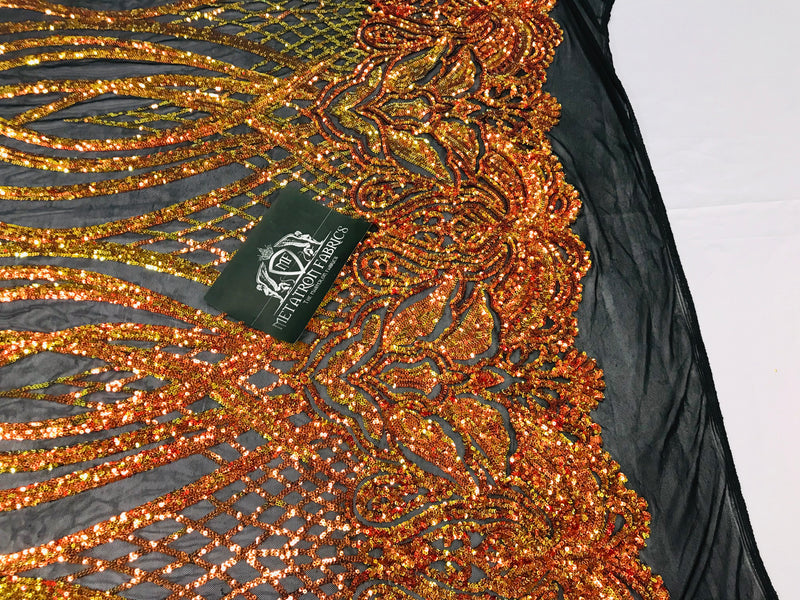 Wavy Line Sequins - Orange / Black Mesh - 4 Way Stretch Iridescent Pattern with Net Design Fabric