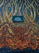 Wavy Line Sequins - Orange / Black Mesh - 4 Way Stretch Iridescent Pattern with Net Design Fabric