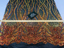 Wavy Line Sequins - Orange / Black Mesh - 4 Way Stretch Iridescent Pattern with Net Design Fabric