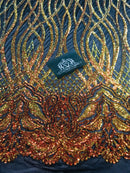 Wavy Line Sequins - Orange / Black Mesh - 4 Way Stretch Iridescent Pattern with Net Design Fabric