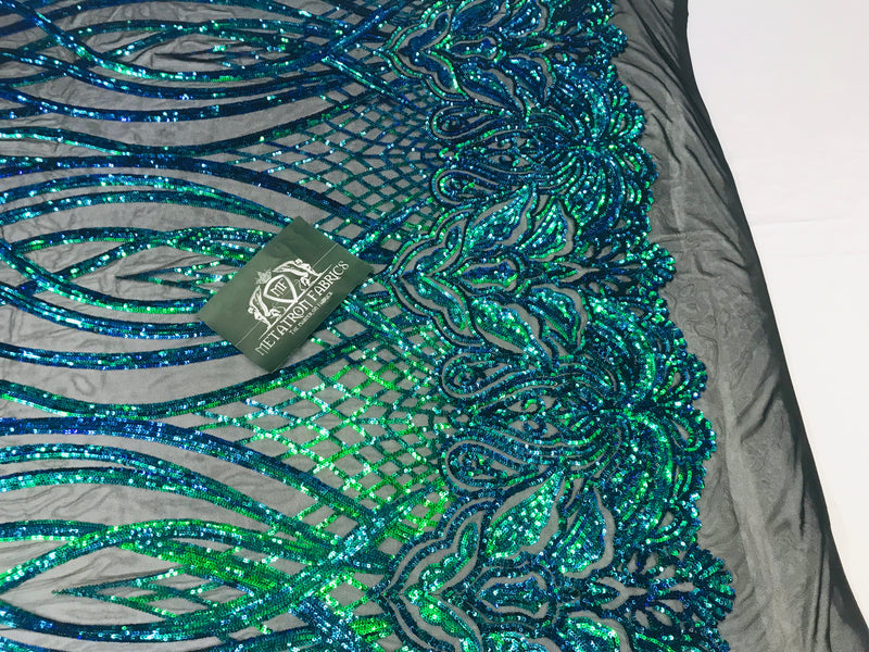 Wavy Line Sequins - Jade Green / Blue- 4 Way Stretch Iridescent Pattern with Net Design Fabric