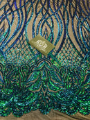 Wavy Line Sequins - Jade Green / Blue- 4 Way Stretch Iridescent Pattern with Net Design Fabric