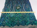 Wavy Line Sequins - Jade Green / Blue- 4 Way Stretch Iridescent Pattern with Net Design Fabric