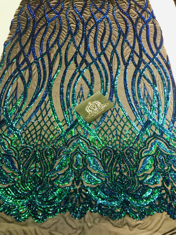 Wavy Line Sequins - Jade Green / Blue- 4 Way Stretch Iridescent Pattern with Net Design Fabric