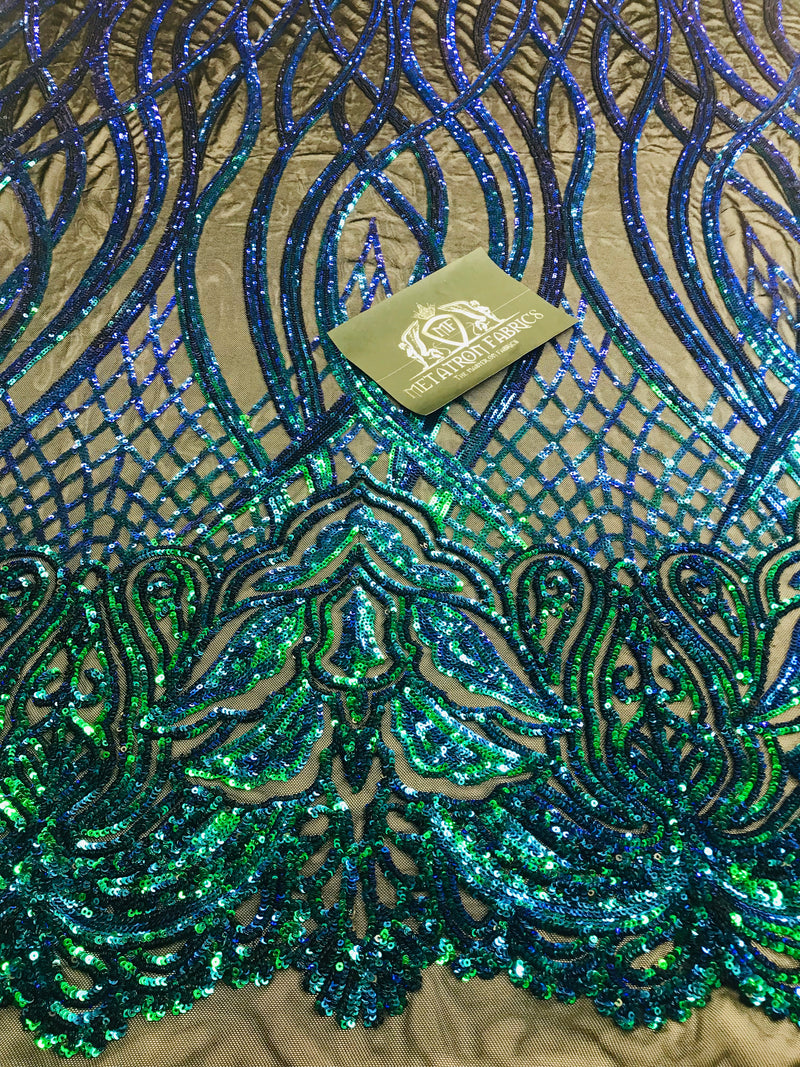 Wavy Line Sequins - Jade Green / Blue- 4 Way Stretch Iridescent Pattern with Net Design Fabric