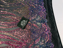 Wavy Line Sequins - Rainbow - 4 Way Stretch Iridescent Pattern with Net Design Fashion Fabric
