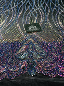Wavy Line Sequins - Rainbow - 4 Way Stretch Iridescent Pattern with Net Design Fashion Fabric