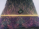 Wavy Line Sequins - Rainbow - 4 Way Stretch Iridescent Pattern with Net Design Fashion Fabric